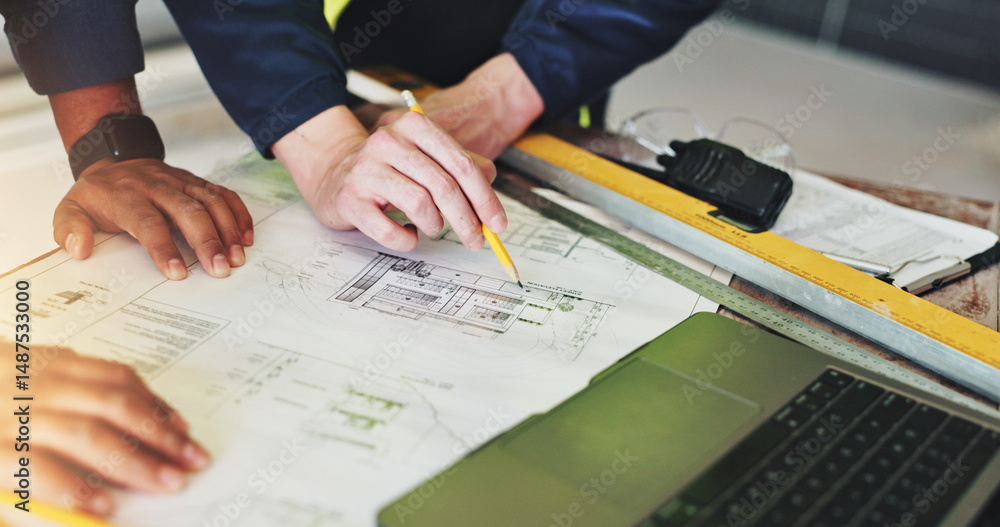 Poster Blueprints, hands and writing with construction worker people closeup on building site for strategy. Architecture, collaboration and floor plan with engineering team on location for development