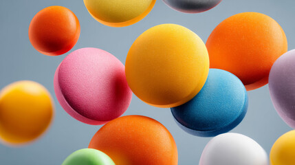 Colorful confectionery circles float in the air, creating a playful, vibrant scene.