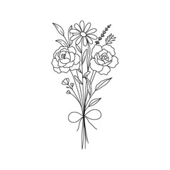 Wildflower bouquet vector. Rose flower bouquet. Hand drawn flower, wild plant, botanical vector illustration