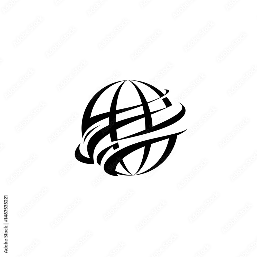 Poster global network symbol: abstract rendering of globe with encircling lines conveys interconnectedness 