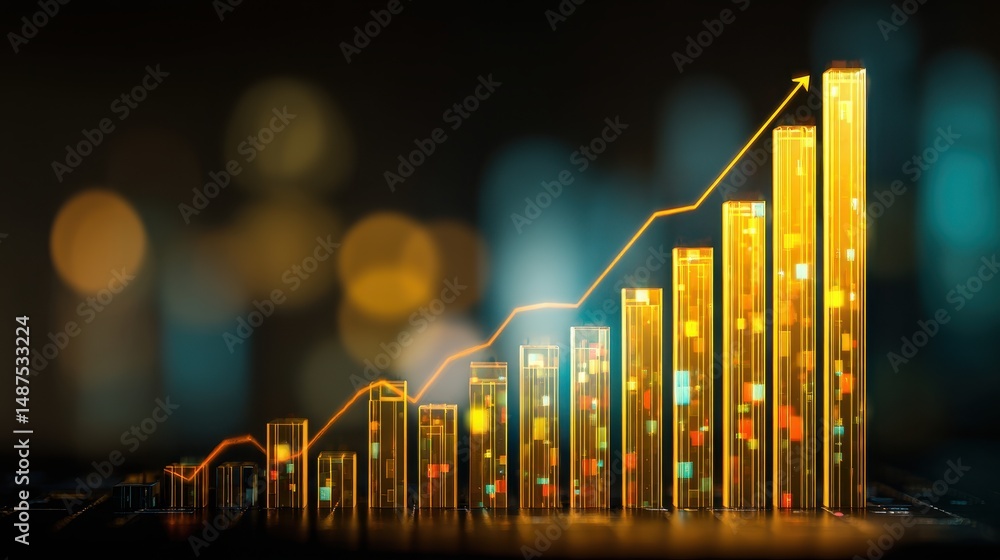 Aufkleber modern data visualization with colorful bar graphs and rising trend line on abstract background for 