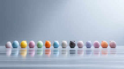 Naklejka premium Colorful decorative eggs arranged in a line on a reflective surface.