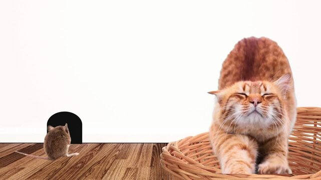 The orange-striped cat is lazily stretching and sleeping in a basket on the floor in the room. There is a mouse in front of a mouse hole in the wall.