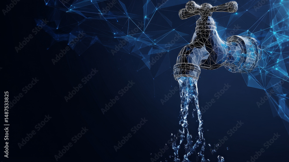 Poster dripping tap with drop form lines and triangles, point connecting network on blue background. illust