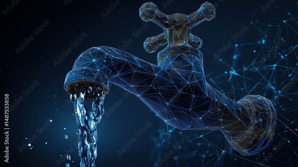 Poster dripping tap with drop form lines and triangles, point connecting network on blue background. illust