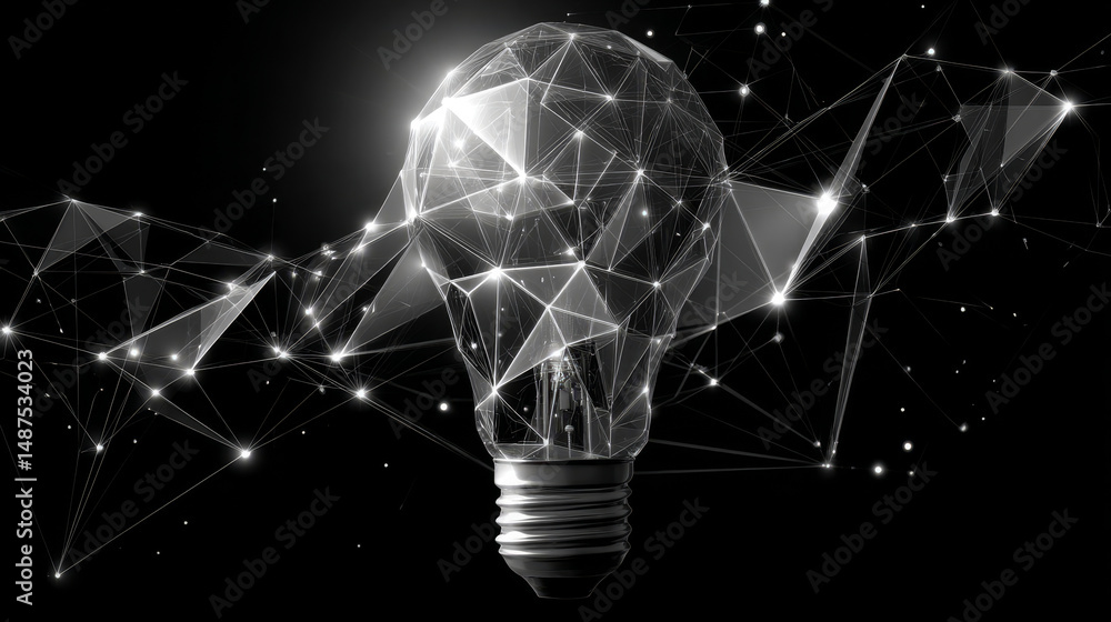Poster light bulb form lines, triangles and particle style design. illustration vector