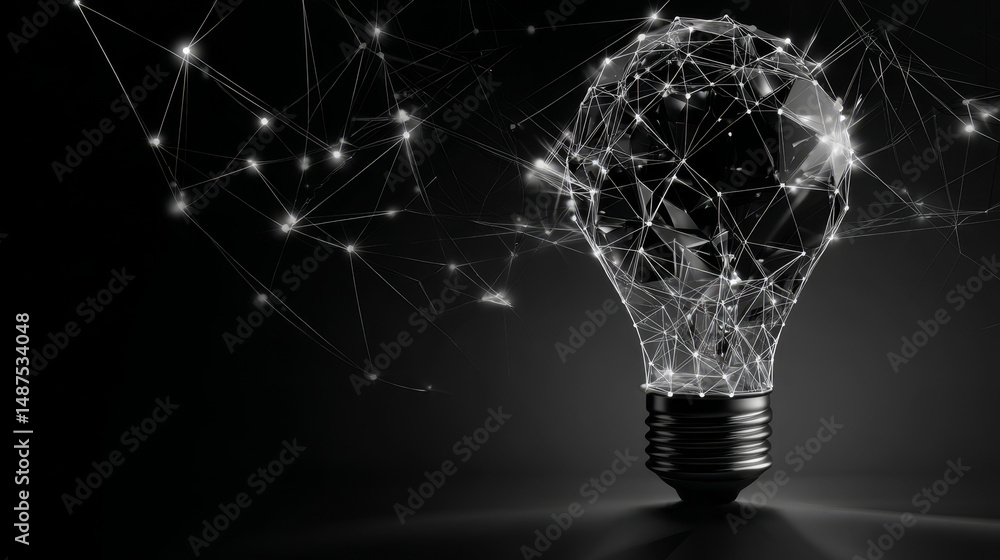 Poster light bulb form lines, triangles and particle style design. illustration vector