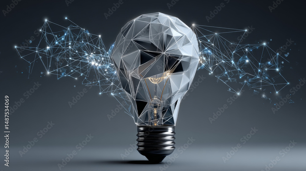 Poster light bulb form lines, triangles and particle style design. illustration vector