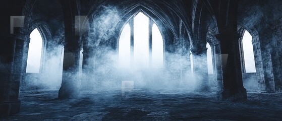 A gothic interior shrouded in misty ambiance.