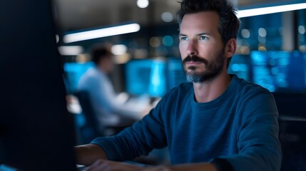 A cybersecurity specialist intently focused on coding and analysis  long title A cybersecurity professional intensely focused on coding data