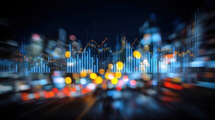 Abstract blur city skyline with dynamic stock market graph overlay in the night, illustrating financial data trends and urban life in motion for business concepts