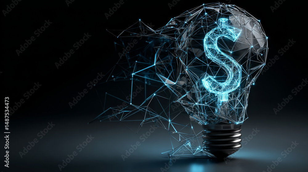 Poster idea bulb with dollar sign from lines, triangles and particle style design. digital marketing concep