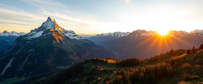 Majestic Swiss Alps sunset, snow-capped peaks, golden hour light over lush valleys, nature, mountains