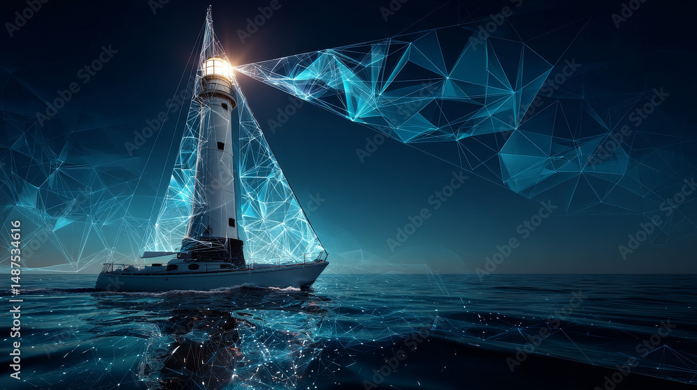 Poster lighthouse searchlight beam through yacht in the sea from lines and triangles, point connecting netw