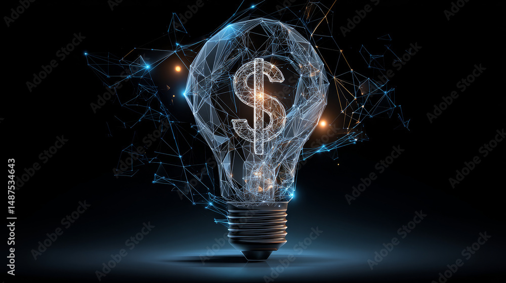 Aufkleber idea bulb with dollar sign from lines, triangles and particle style design. digital marketing concep