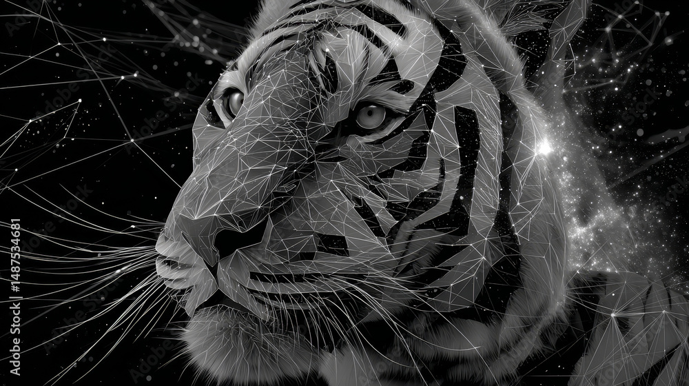 Poster abstract image of tiger in the form of a starry sky or space, consisting of points, lines, vector he