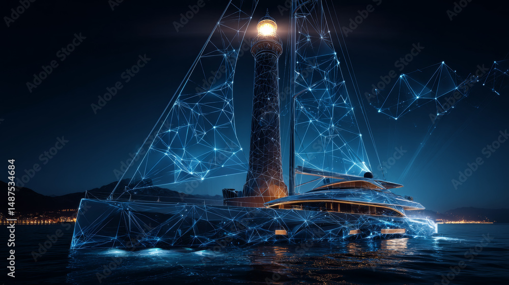 Aufkleber lighthouse searchlight beam through yacht in the sea from lines and triangles, point connecting netw