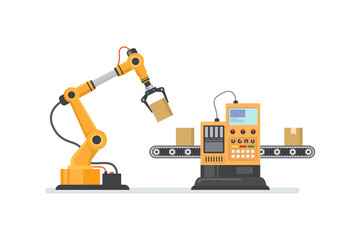 Robotic Arm Operating a Conveyor System Illustrating Industrial Automation Concept. vector illustration