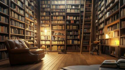 Cozy library, leather chair, bookshelves, warm light.