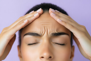 Fototapeta premium A close-up of a sweating forehead with tension lines on a pastel lavender backdrop