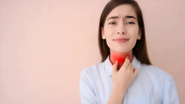 Young woman holding her neck in pain, showing signs of thyroid disorder or thyroiditis, pastel background highlights throat pain and health concern