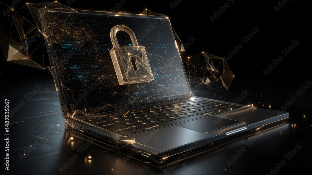 Poster laptop with padlock and security concept from lines, triangles and particle style design. illustrati