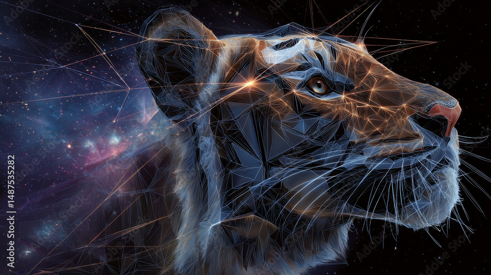 Poster abstract image of tiger in the form of a starry sky or space, consisting of points, lines, vector he