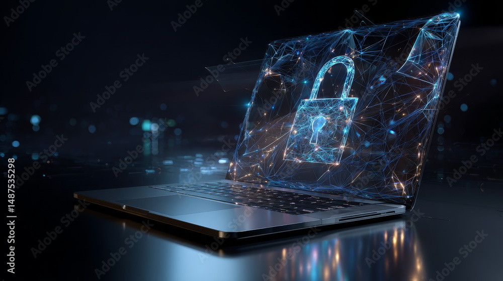 Aufkleber laptop with padlock and security concept from lines, triangles and particle style design. illustrati