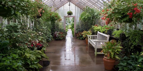 Obraz premium Urban Oasis: Greenhouse with Tropical Plants & Flora Pathway for Sustainable Indoor-Outdoor Transition