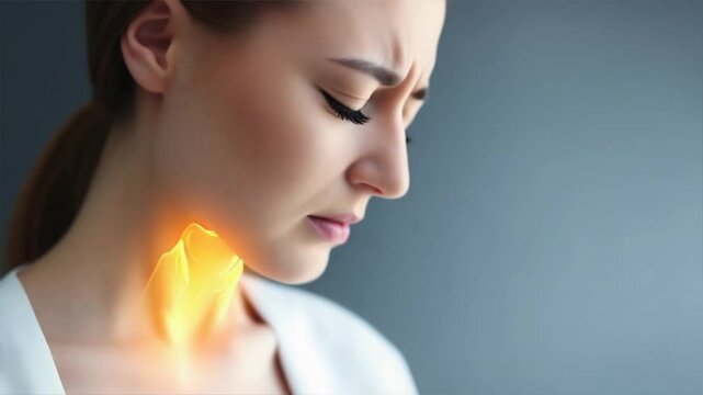 Woman neck with orange glowing thyroid area, showing symptoms of thyroid disorder and throat pain linked to thyroiditis, medical awareness concept