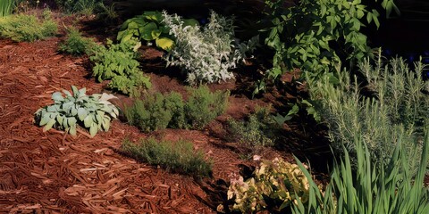 Fototapeta premium Lush Greenery and Healthy Plants: Organic Gardening and Landscape Design with Perennial Herbs and Vibrant Greens