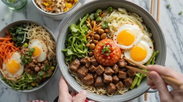 Asian Noodle Bowls with Quail Eggs and Beef