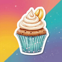 Watercolor sticker clipart of a delicious muffin cupcake topped with cream and banana, showcasing sweet.
