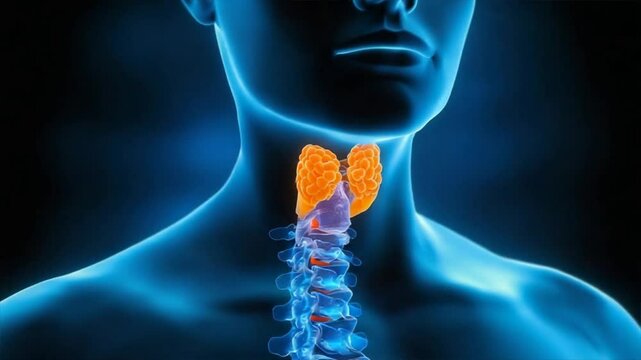 Orange glowing thyroid and throat on blue background, showing inflammation and pain from thyroiditis and thyroid disorder causing throat discomfort
