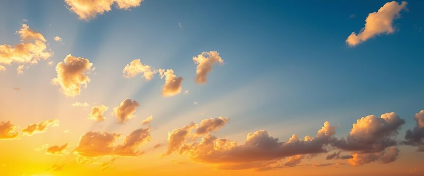 Golden hour sunset sky, fluffy white and yellow clouds, clear blue background, design element, summer sky