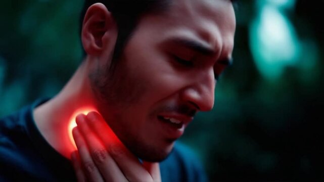 Man clutching throat in pain with glowing red mark, showing discomfort from thyroiditis or thyroid disorder, concept of severe throat pain