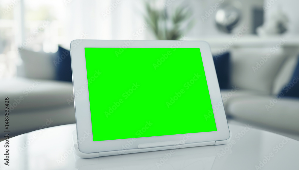 Poster tablet with blank green screen is placed on table in modern living room setting, surrounded by soft 