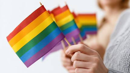 A close-up of hands holding colorful rainbow flags, symbolizing pride and support for LGBTQ+ rights and equality.
