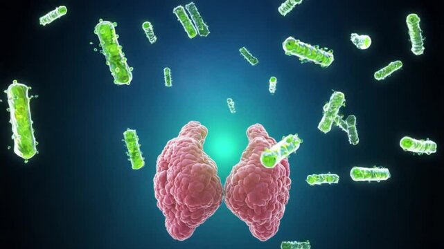Human thyroid gland attacked by virus cell on dark blue background, showing painful swelling and inflammation linked to thyroiditis and throat pain