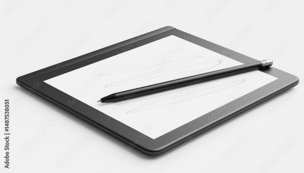 Poster digital tablet with stylus rests on solid white background, showcasing its sleek design and function