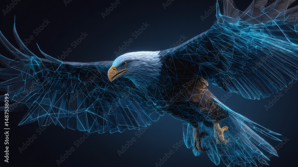 Poster eagle flying swoop from lines, triangles, and particle style design. illustration vector