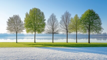 Trees along a calm lake in springtime