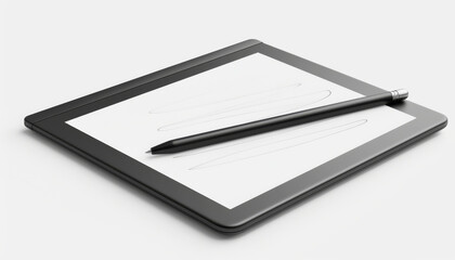 Digital tablet with stylus rests on solid white background, showcasing its sleek design and functionality. This modern device is perfect for creative tasks and note taking