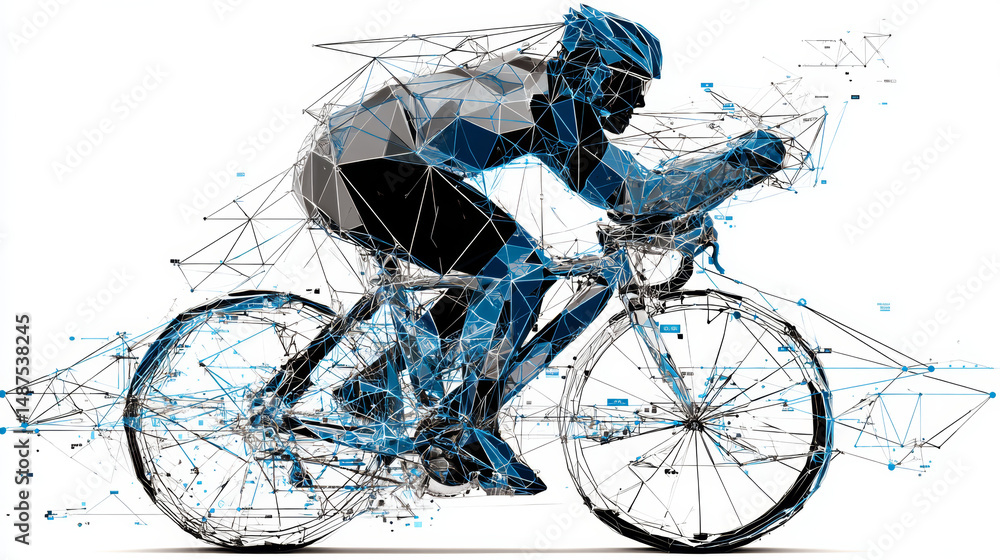 Poster portrait of a man riding a bycicle form lines, triangles and particle style design. illustration vec