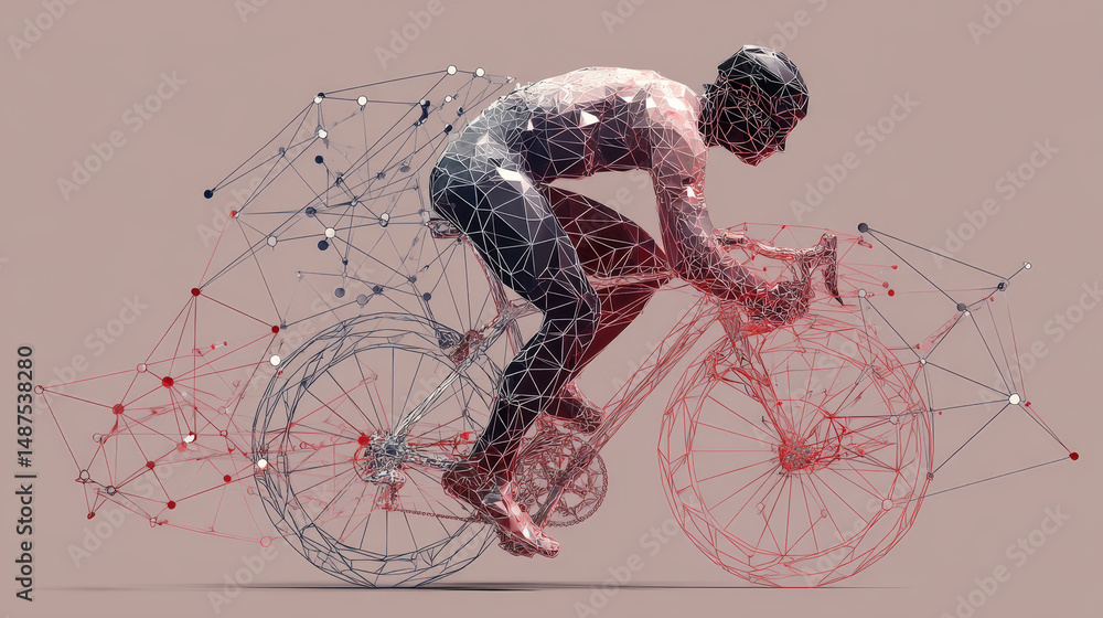 Poster portrait of a man riding a bycicle form lines, triangles and particle style design. illustration vec
