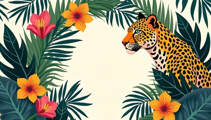 Fototapeta premium Flat illustration design of leopard animal arch surrounded by tropical palm leaves and colorful exotic flowers. Seamless boho floral pattern, vibrant jungle vibe, perfect for wallpaper, textiles, and 