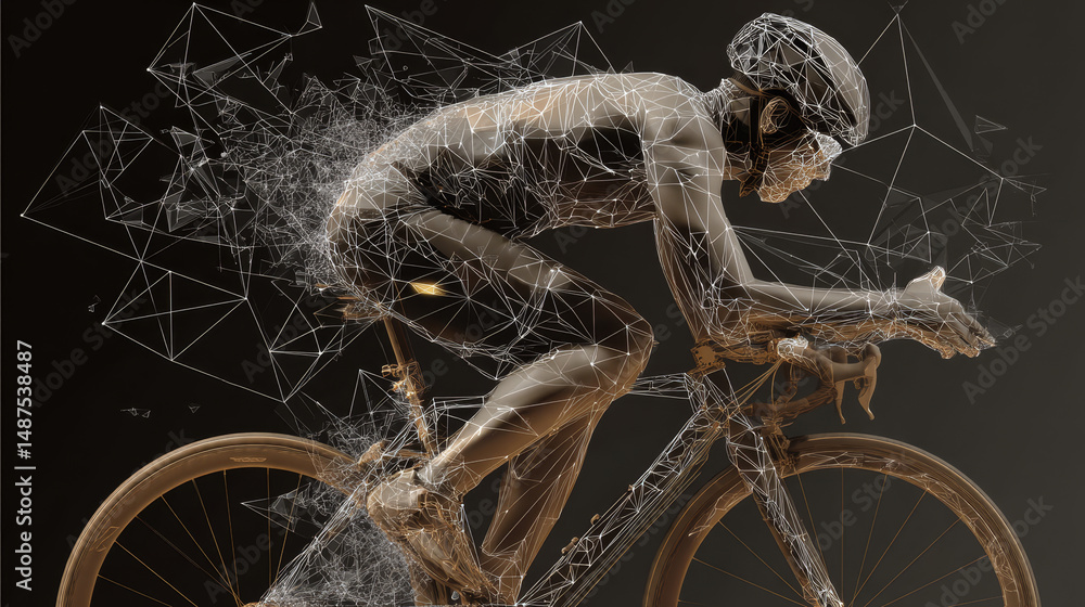 Poster portrait of a man riding a bycicle form lines, triangles and particle style design. illustration vec