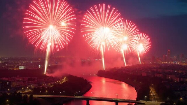 View of fireworks and fireworks from a bird's-eye view over the city of Minsk. Colored lights in the sky over a river in Europe. Celebratory salute. Victory day may 9