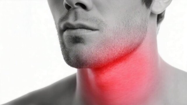 Male neck on white background with red pain spot, medical concept of thyroiditis and thyroid disorder causing visible throat pain