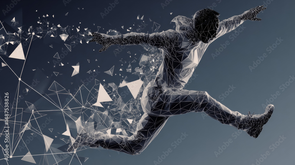 Poster close up, man jumping over obstacle from lines, triangles and particle style design. illustration ve